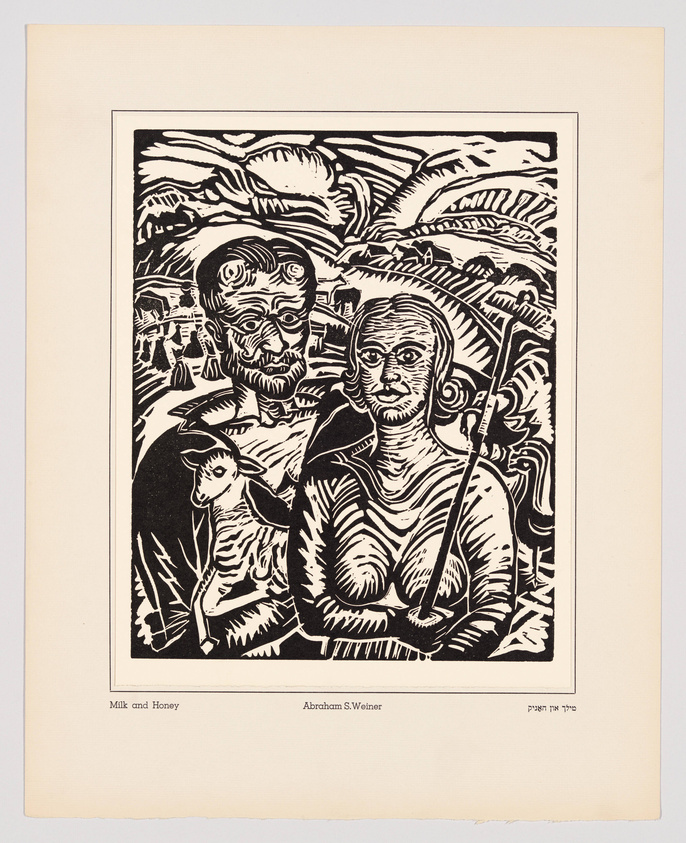 A black and white woodcut print titled "Milk and Honey" by Abraham S. Weiner, depicting a bearded man and a woman with a headscarf, both with solemn expressions, standing in front of a rural landscape with a small goat between them. The scene includes stylized foliage and several small figures in the background, suggesting a community or family setting. The print is mounted on a beige paper with the title and artist's name printed below.