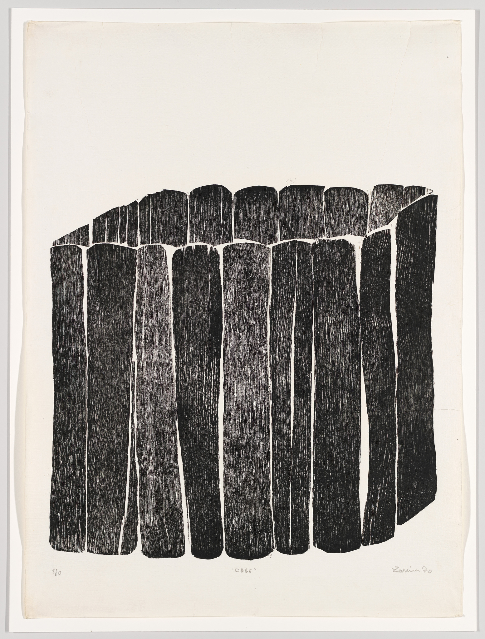 A black and white abstract print featuring a series of vertical, textured strokes that resemble a row of books or organ pipes. The print is signed and numbered at the bottom, indicating it's part of a limited series.
