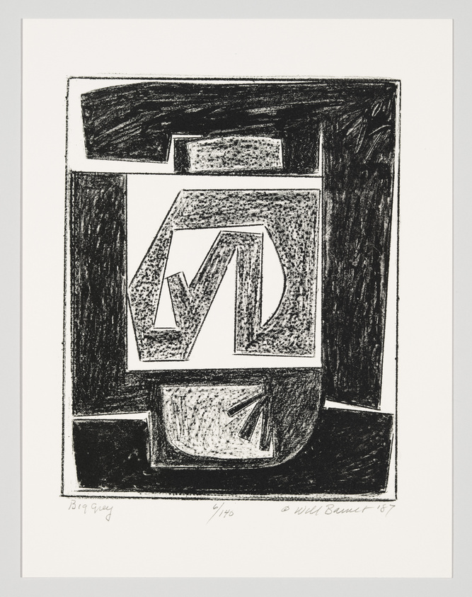 A black and white abstract lithograph featuring geometric shapes and forms with a central motif that resembles overlapping letters or symbols. The composition is framed within a border, and there are signatures and numbers at the bottom indicating the artist's name, the print's edition, and the year.