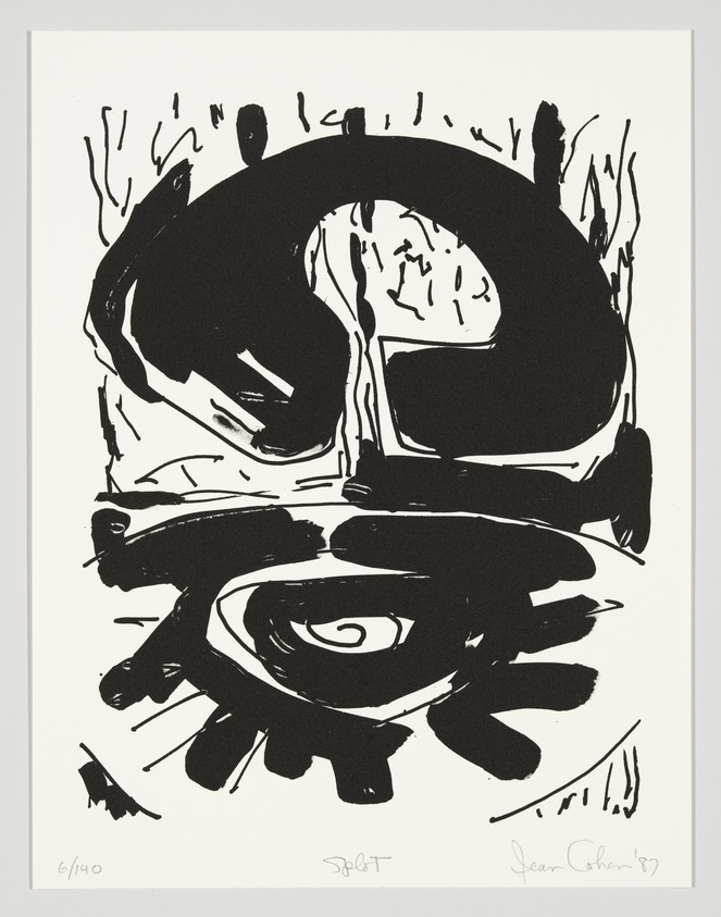 A black and white abstract print featuring bold, expressive brush strokes and shapes that suggest a face or mask-like form. The artwork is numbered 6/140, signed "Joan" and dated '87 in the lower right corner.