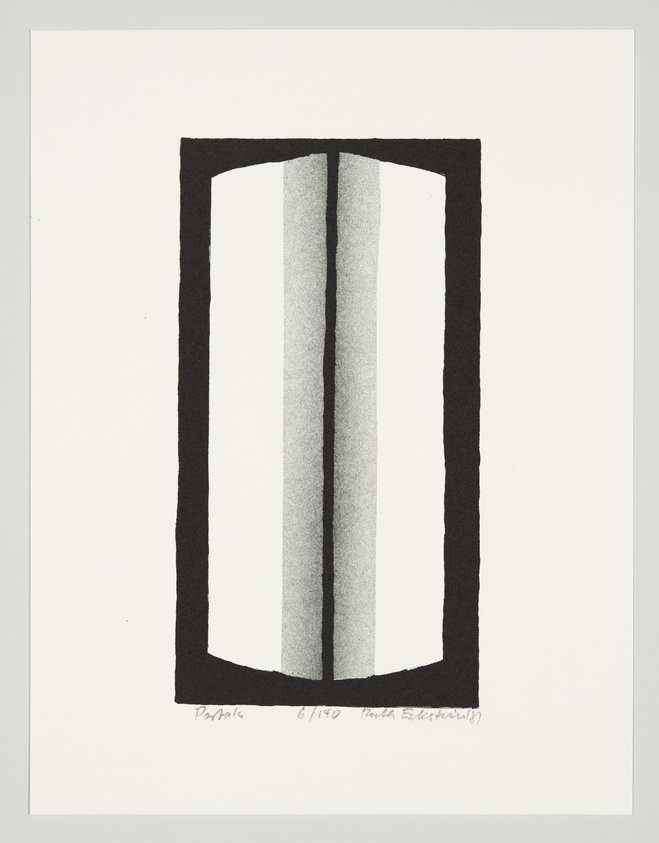 A minimalist black and white print featuring a stylized representation of a window with two vertical panes against a white background. The window frame is bold and black, with the panes shaded in grayscale, suggesting light filtering through. There is a signature and edition number at the bottom left of the print.