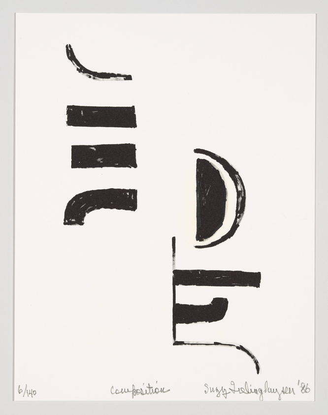 A black and white abstract print featuring bold, brushstroke-like elements arranged in a seemingly random composition. The image includes handwritten text at the bottom, indicating the title, artist's signature, and date.