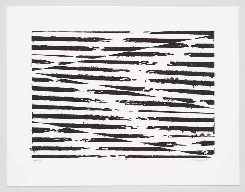 A black and white abstract print featuring horizontal brushstrokes of varying lengths and thicknesses on a white background. The artwork is numbered and signed by the artist in the lower margin.