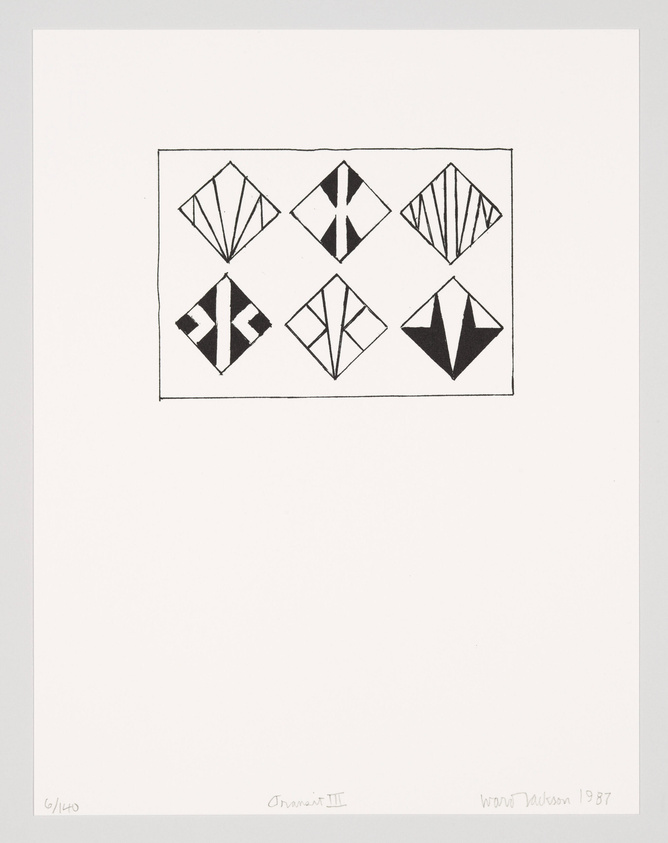 A black and white abstract print featuring a series of geometric shapes arranged in a rectangular pattern. Each shape is a diamond divided into four smaller triangles with varying patterns of solid black and white spaces. The artwork is signed and dated "Ward Jackson 1987" in the bottom right corner and titled "Ornament III" in the bottom center, with an edition number "6/140" on the bottom left. The print is centered on a white background with ample margins.