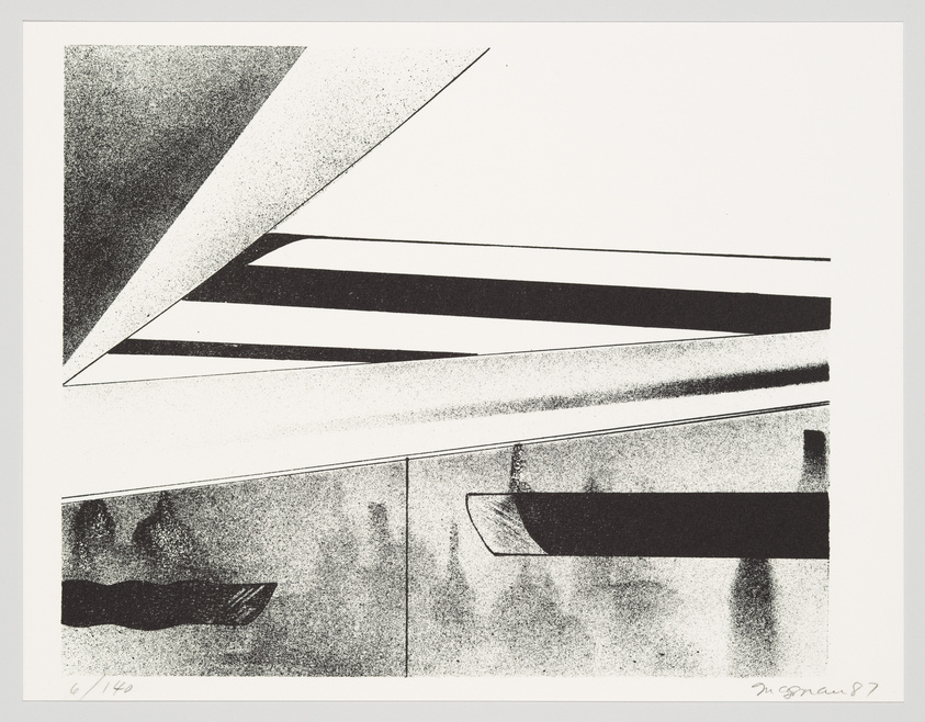 A black and white abstract print featuring geometric shapes and textured areas. The upper portion displays sharp triangles and parallel lines, while the lower section shows a rectangle with a shadowy figure and a boat-like form. The artwork is numbered and signed by the artist.