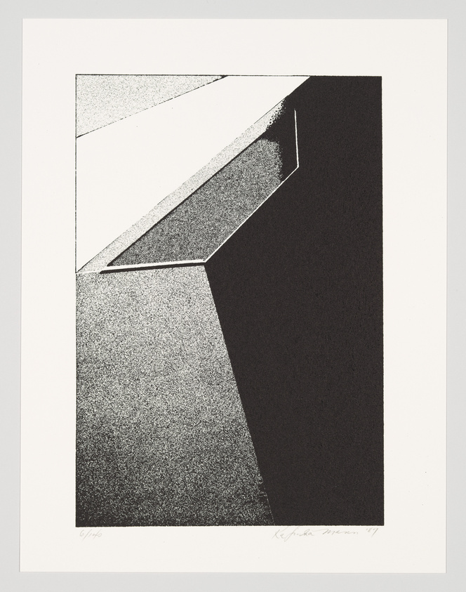 A black and white abstract print featuring geometric shapes with textured and solid areas. The composition includes a large dark triangle on the right, a speckled grey area in the center, and white space with clean lines on the left. There is a signature and edition number at the bottom.