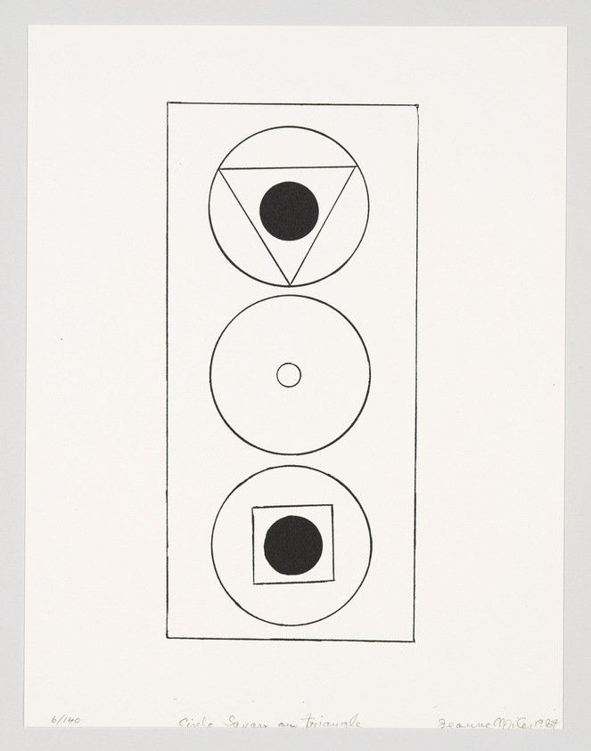 A black and white geometric print featuring a vertical arrangement of three shapes within separate compartments: a circle within a triangle at the top, a plain circle in the middle, and a square within a circle at the bottom. Below the shapes, there's text that reads "Circle Squares and Triangle" and a signature with the date 1987. The print is numbered 6/100 on the bottom left.