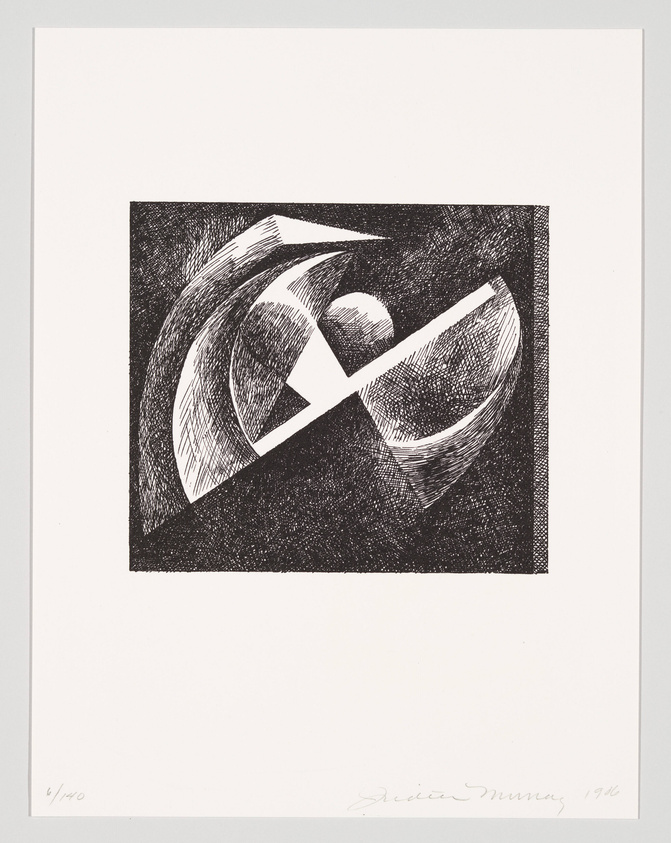 A black and white abstract print featuring dynamic curved shapes and cross-hatching textures within a square border. The artwork is numbered and signed by the artist at the bottom, indicating it's part of a limited series.