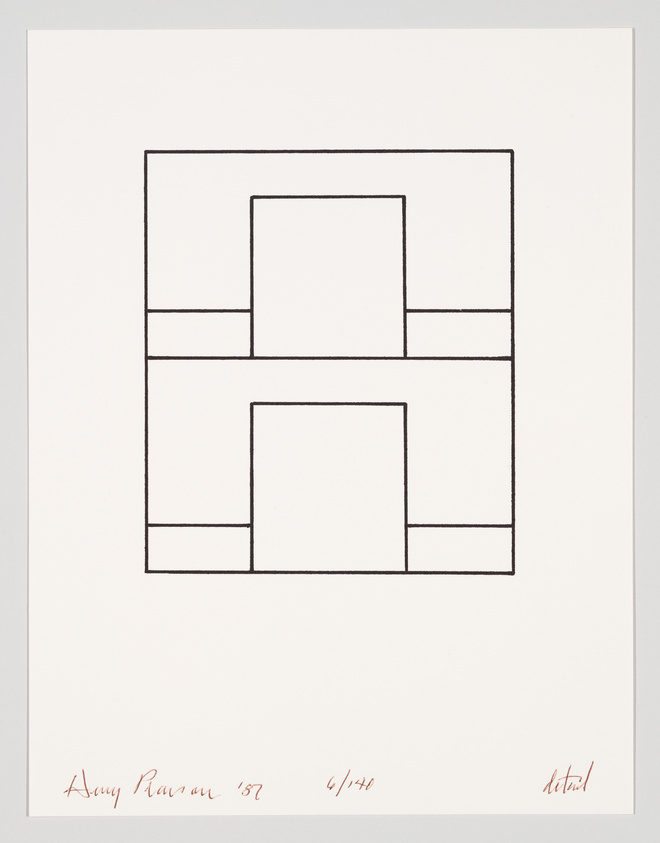 A minimalist black and white artwork featuring a geometric composition of squares and rectangles arranged in a symmetrical pattern, with the artist's signature and edition number handwritten in red ink at the bottom.