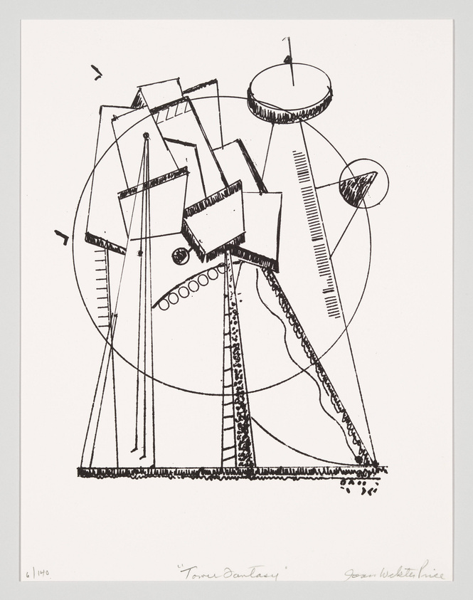 A black and white abstract line drawing featuring geometric shapes and structures that resemble an architectural form or a machine. There are overlapping rectangles, lines, and circles, with some elements suggesting depth and dimensionality. The composition includes a prominent vertical element and a circular shape with a spike on top, resembling an antenna or a tower. The artwork is signed by the artist and numbered as part of a limited series.