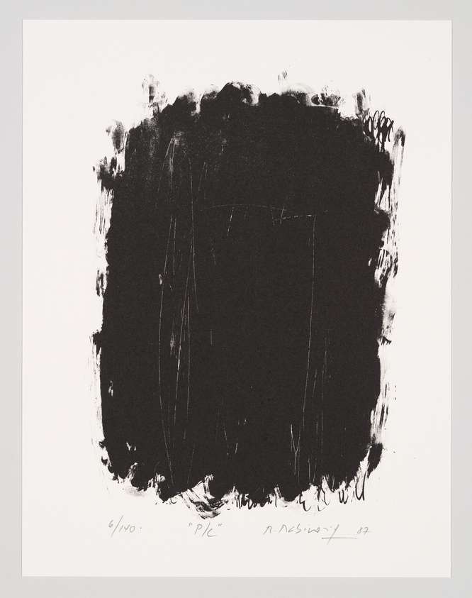 Abstract black ink block print on white paper with artist's signature and edition number at the bottom.