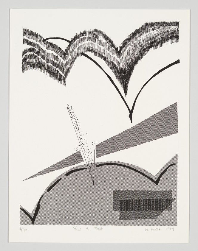 Abstract black and white print with geometric and organic shapes, signed and dated 1987.