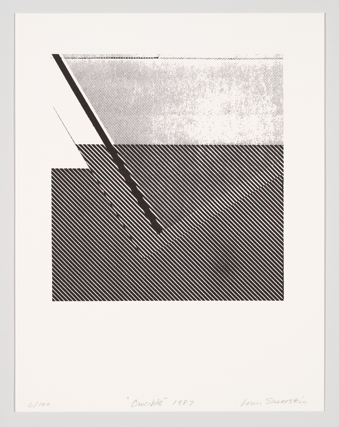 Geometric abstract print with textured patterns, signed and dated 'Crucible 1987' by artist.