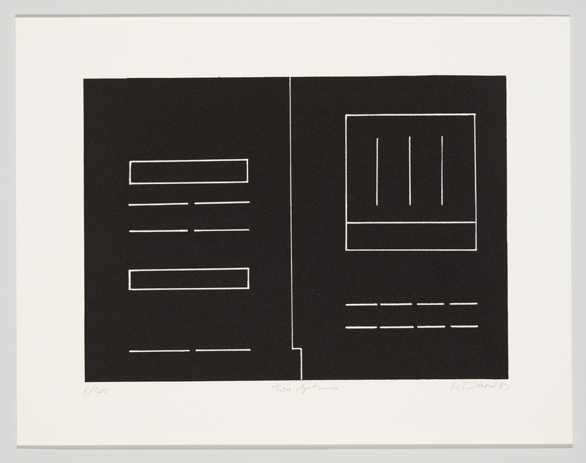 Black and white abstract print with geometric shapes and lines, signed and numbered by the artist.