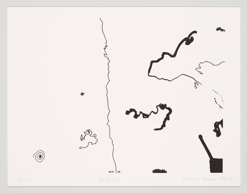 A black and white abstract print featuring various irregular shapes and lines scattered across the page, resembling a map with symbols. Some shapes suggest landmasses or geographic features, while others are more ambiguous. There is a spiral near the bottom left, a jagged vertical line dividing the page, and a dustpan-like shape on the bottom right. The print includes handwritten text and numbers, suggesting it may be part of a limited series.