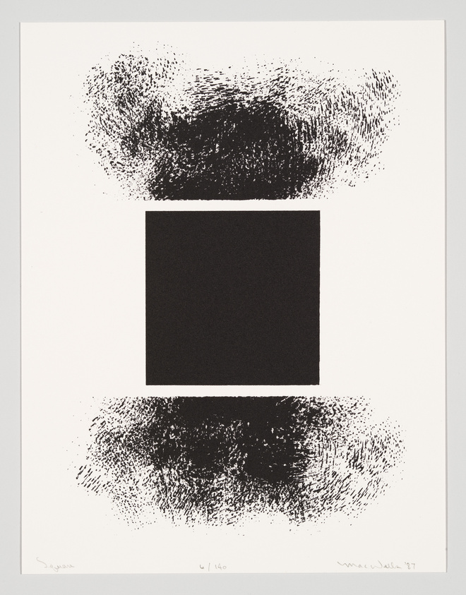 A black and white abstract print featuring a central solid black square with dynamic, textured brushstrokes above and below it on a white background. The artwork is signed and numbered at the bottom.