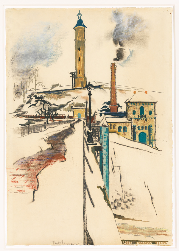 A vintage illustration depicting a coastal scene with a prominent lighthouse on a hill, a smokestack emitting dark smoke, and buildings along the waterfront. The artwork features a mix of sketch-like lines and watercolor, with a muted color palette and a sense of industrial activity. The artist's signature is visible at the bottom left corner.