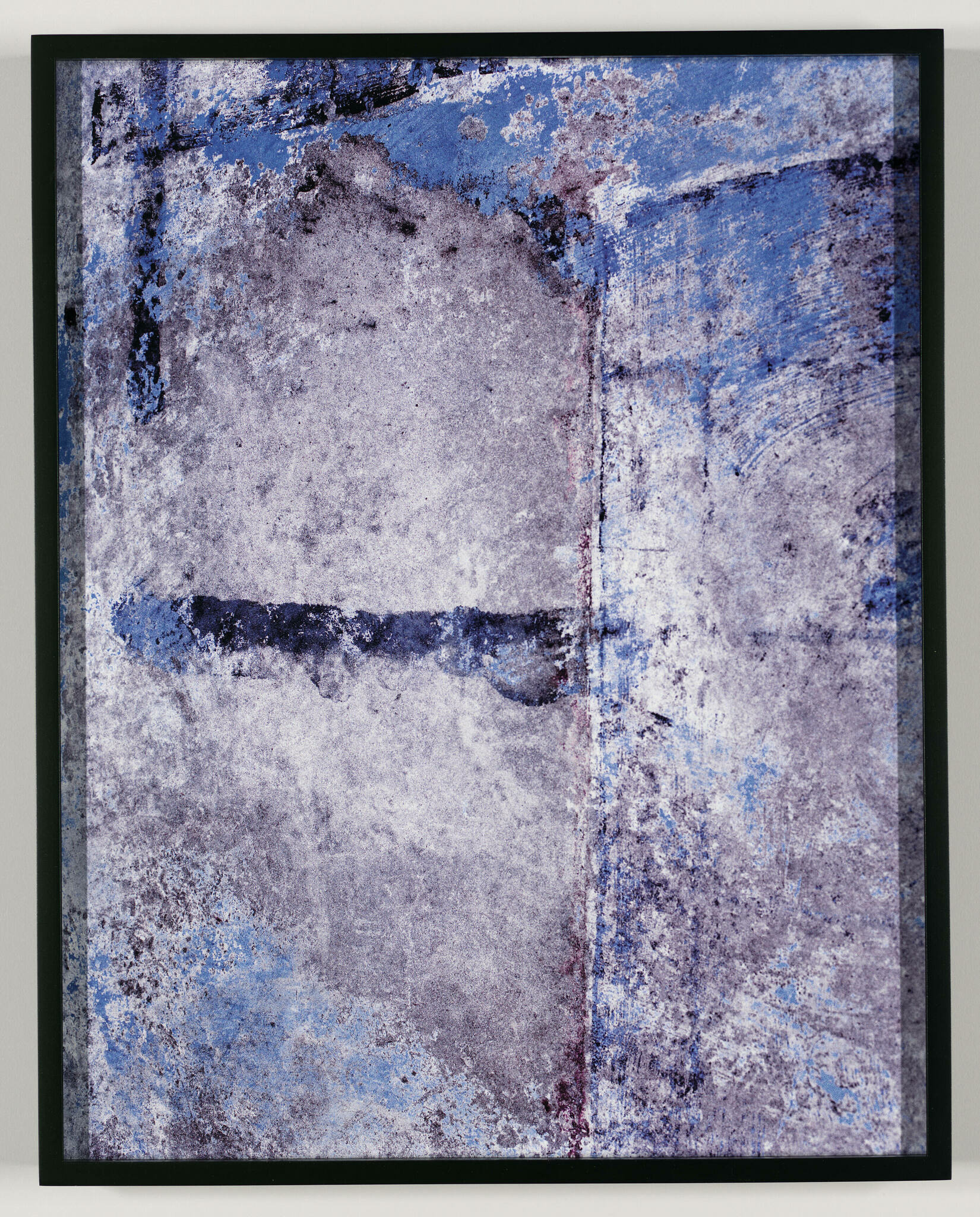 A framed abstract painting with a textured surface, featuring a blend of blue, white, and purple hues with visible brush strokes and areas of color layering, creating a weathered and somewhat ethereal effect.