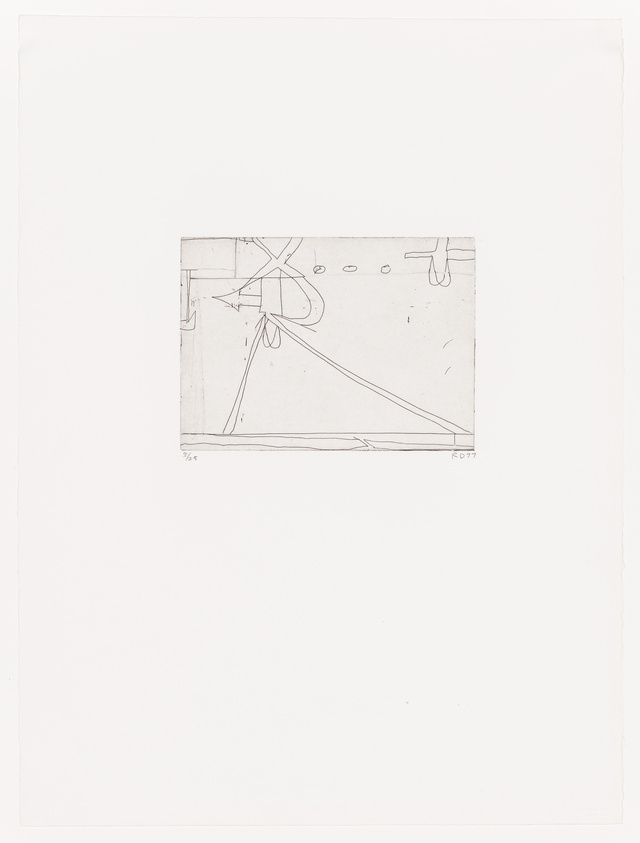 A black and white etching featuring abstract geometric shapes and lines on a rectangular plate, centered on a larger white paper. The composition includes a prominent X shape, various straight and curved lines, and small circle motifs, suggesting a technical or mechanical drawing. The print is numbered and signed at the bottom, indicating it's part of a limited series.