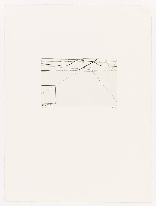 A minimalist black and white line drawing on a plain background, featuring abstract geometric shapes and intersecting lines, with the artist's initials and the year '77' inscribed at the bottom left corner.