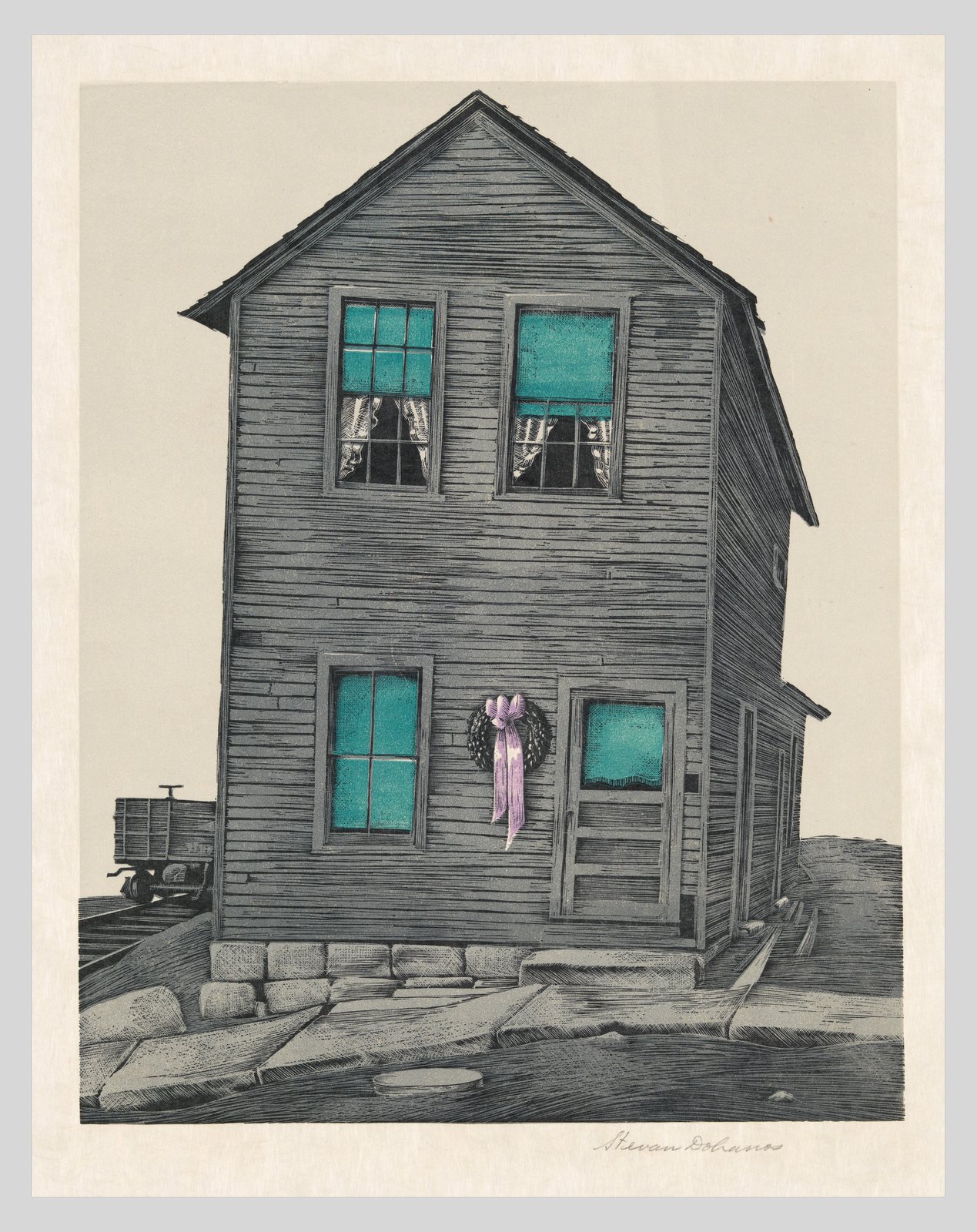 Illustration of a weathered two-story wooden house with a wreath on the door and a train car in the background.