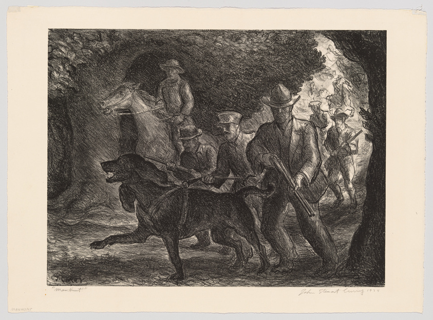 A black and white etching depicting a group of men on horseback accompanied by dogs, moving through a wooded area. The men appear to be on a hunt, with some holding rifles. The scene is rendered with detailed shading and textural contrasts, creating a sense of depth and movement. The artwork is signed and dated in the lower right corner.
