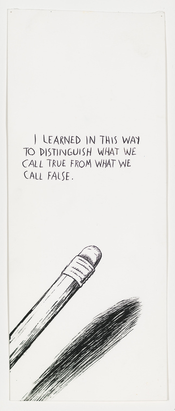 A hand-drawn image featuring a pencil at the bottom with bold, dark shading strokes extending from its tip, and a handwritten quote above it that reads, "I learned in this way to distinguish what we call true from what we call false."