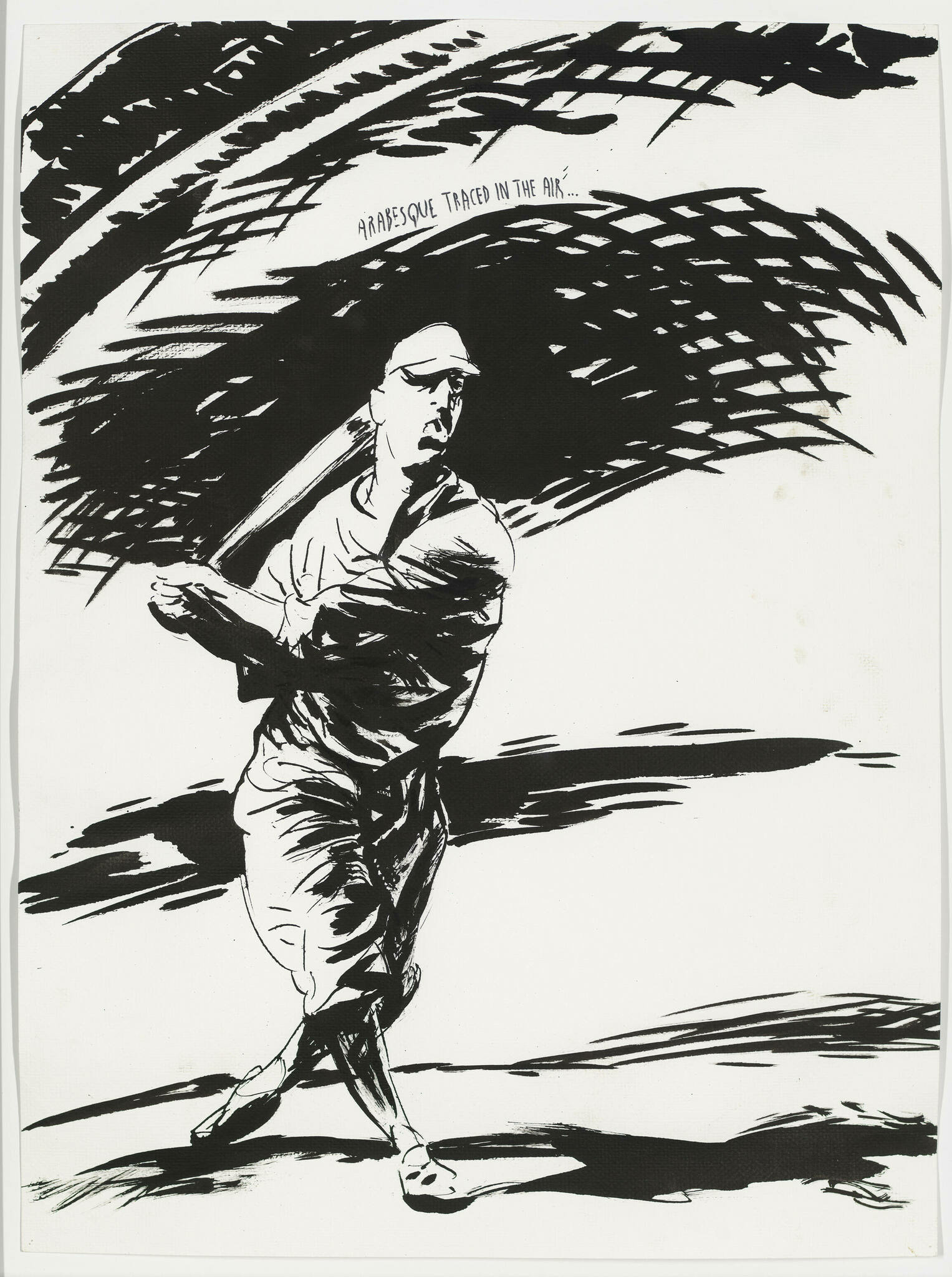 A black and white illustration of a baseball player in mid-swing, with dynamic, abstract lines suggesting movement in the background. The text "ARABESQUE TRACED IN THE AIR..." is written at the top.