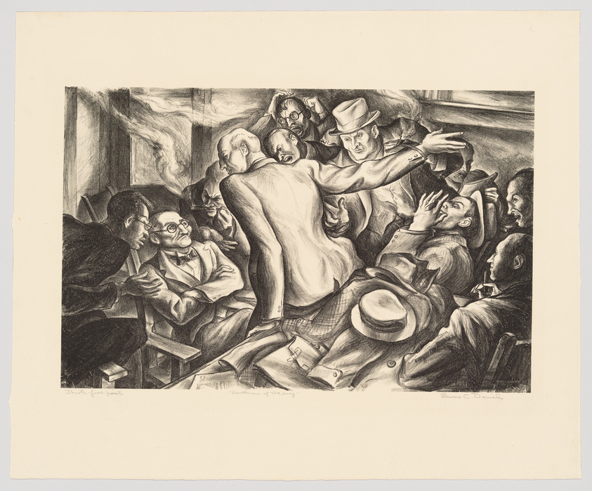 A black and white lithograph depicting a dynamic and crowded scene with multiple figures in various states of motion and emotion. The central figure appears to be a shirtless man being held back or supported by others around him. The expressions on the faces range from concern to shock, and the composition conveys a sense of chaos and intensity. The artwork is detailed, with strong contrasts and a sense of depth created by the overlapping figures. There are inscriptions at the bottom, suggesting the piece is titled and signed by the artist.