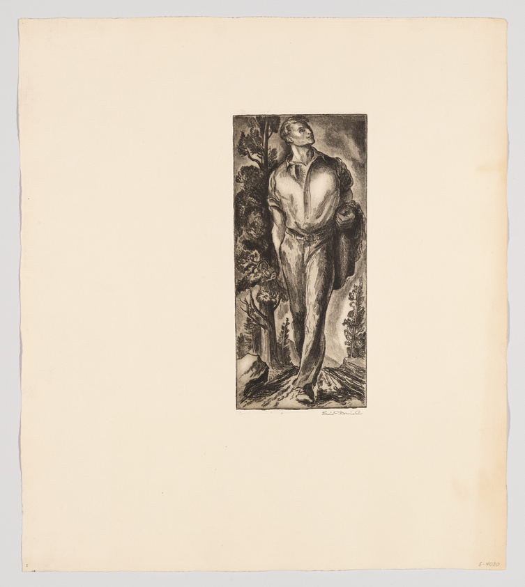 An etching of a muscular figure standing in a heroic pose with a draped cloth over one arm, set against a background of trees and foliage. The artwork is centered on a larger sheet of paper, with the artist's signature at the bottom right.