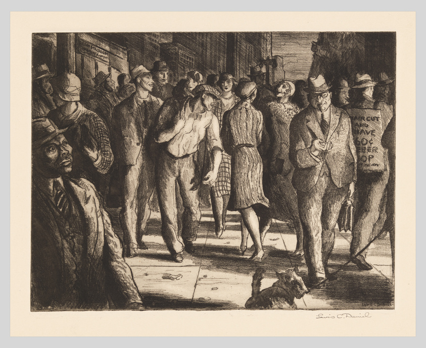 Black and white etching of a bustling street scene with diverse pedestrians, including a prominent figure holding a sign.