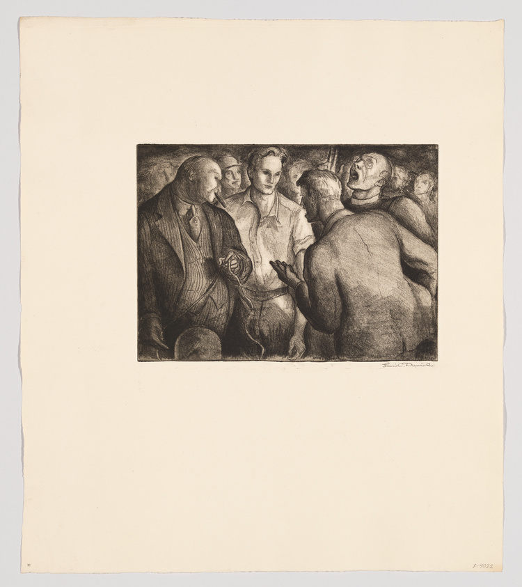 A black and white etching depicting a group of six individuals engaged in what appears to be a lively discussion. The characters are drawn with expressive features and gestures, suggesting a moment of intense conversation or debate. The artwork is detailed, with attention to the textures of clothing and the individuals' facial expressions. The print is signed by the artist in the lower right corner and is mounted on a larger sheet of paper with ample margins.