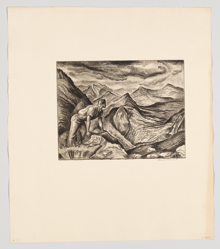 Black and white etching of a muscular man kneeling on a rocky terrain, looking down at a broken tree branch in his hands, with a dramatic mountainous landscape in the background. The man appears contemplative or sorrowful. There's a book and a few loose pages on the ground beside him. The artwork is bordered by a wide, blank margin, and there's a signature at the bottom right corner.
