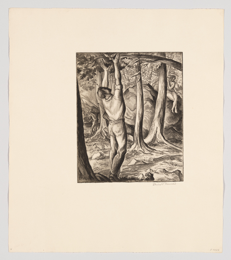 A black and white etching depicting a muscular man hanging from a tree branch with one arm, his other arm reaching towards the ground. The background features a dense forest with intricate details on the trees and foliage. The artist's signature is visible at the bottom right corner of the image.