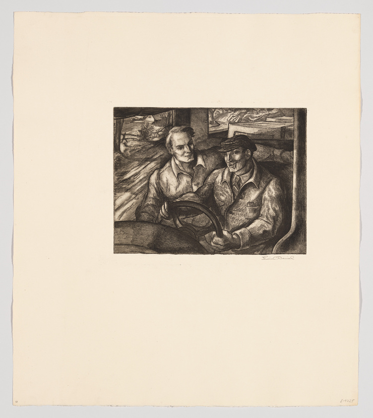 A black and white etching depicting two men sitting side by side in a vehicle, which appears to be a vintage car or tractor, with one holding the steering wheel. They are dressed in work clothes and are looking ahead with serious expressions. The background features a rural landscape with a house and trees. The artwork has a signature in the lower right corner and is mounted on a larger sheet of paper with ample margins.