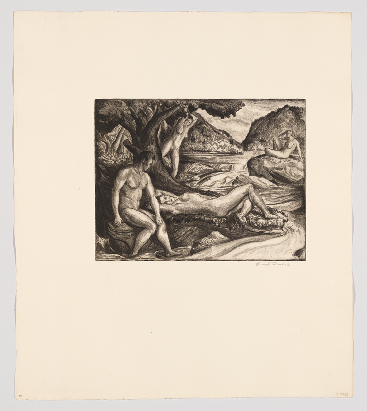 A black and white etching depicting three nude figures in a rugged landscape with trees and a river. The figure on the left sits pensively with one hand on their knee, the central figure reclines with their head resting on the lap of the figure on the right, who reads a book. The artwork is detailed with strong contrasts and textures, and the artist's signature is visible in the lower right corner.