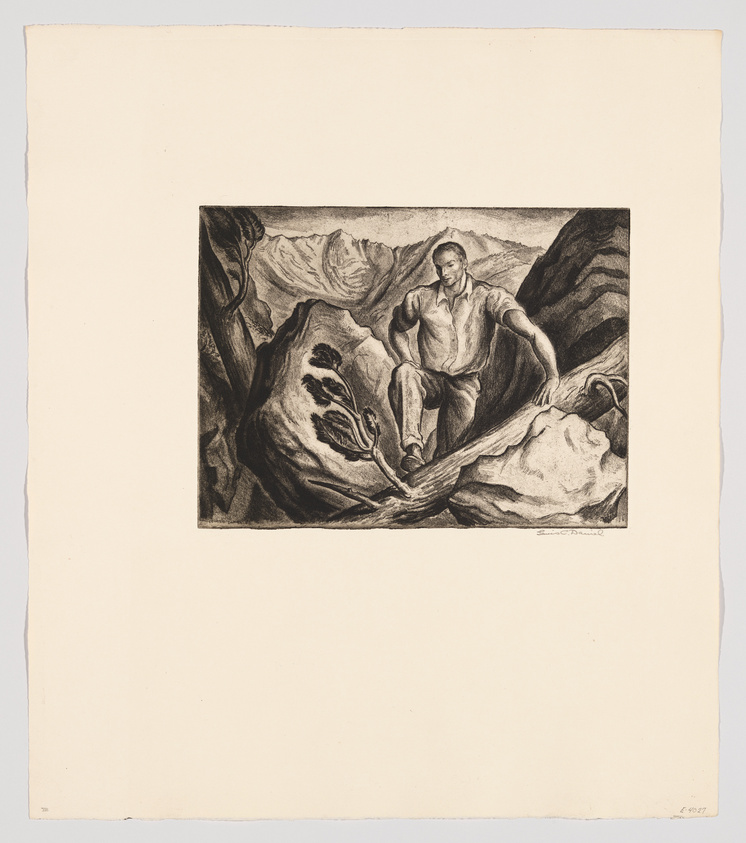 A black and white lithograph depicting a man sitting on a log in a rugged landscape, with dramatic rock formations surrounding him. The man appears contemplative or resting, with one hand on his knee and the other supporting him on the log. The artwork has a signature at the bottom right corner and is centered on a larger, blank paper canvas.