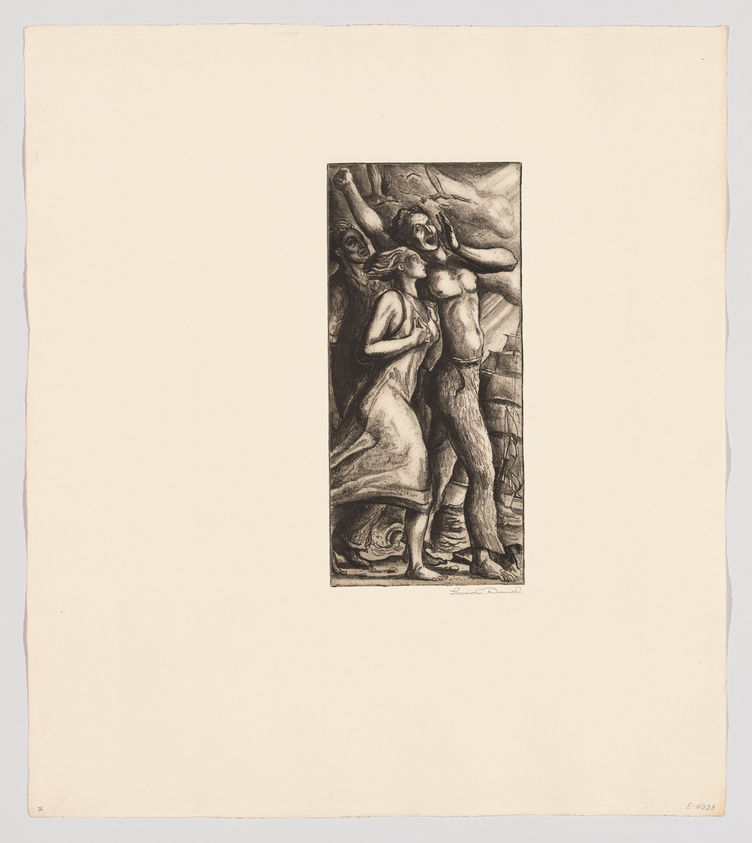 A black and white etching on paper depicting a group of three figures in a dynamic and expressive pose, with one figure prominently positioned in the center. The artwork is signed at the bottom right and is mounted on a larger sheet of paper with ample margins.