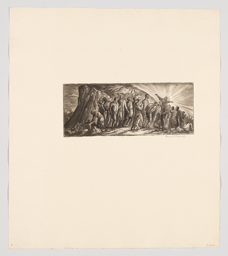 A black and white etching depicting a group of people in various poses, some standing and some kneeling, with rays of light shining down on them from the upper right corner. The scene is set against a backdrop of a rocky landscape, and the artwork is centered on a piece of paper with wide margins. The artist's signature is visible in the lower right corner of the etching.
