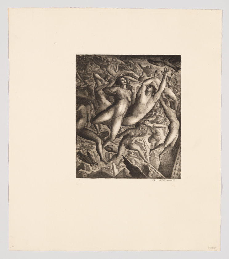 A black and white etching depicting a dynamic scene with multiple nude figures intertwined and in motion, set against a backdrop of abstract forms and structures that suggest a chaotic environment. The artwork is detailed and expressive, capturing a sense of struggle or celebration. The artist's signature is visible in the bottom right corner, and the print is mounted on a larger, off-white paper.