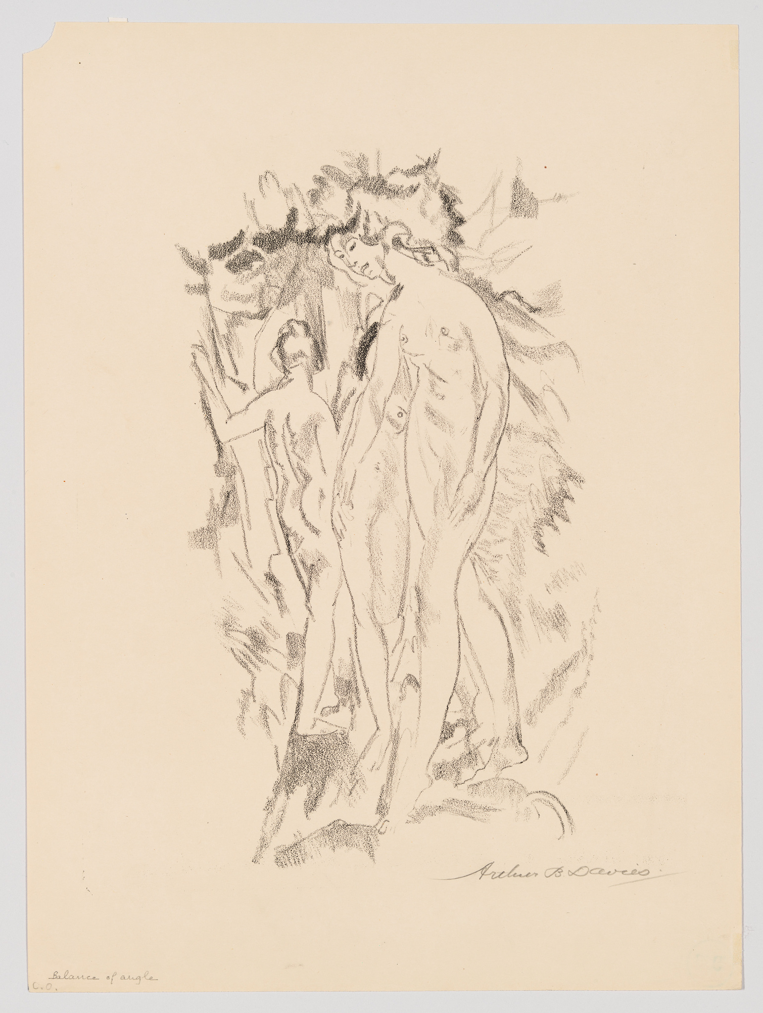A sketch on beige paper depicting a group of nude figures in a dynamic, somewhat abstract style. The central figure appears to be a woman with flowing hair, surrounded by other less defined figures. The artist's signature is visible at the bottom right.