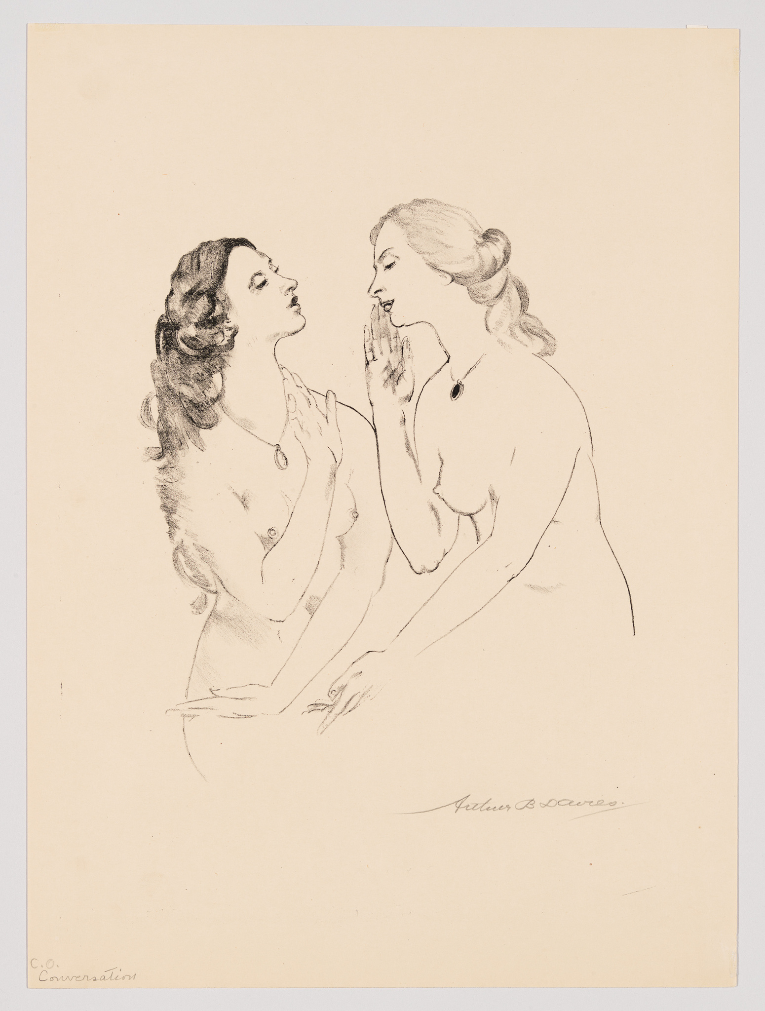 A pencil sketch of two women engaged in a close conversation. The woman on the left is depicted with her hands clasped together, while the woman on the right has one hand gently touching her own face and the other hand's finger pointing downwards. Both women are shown with bare shoulders and stylized hair, and the image conveys a sense of intimacy and secrecy between them. The artist's signature is visible at the bottom right.
