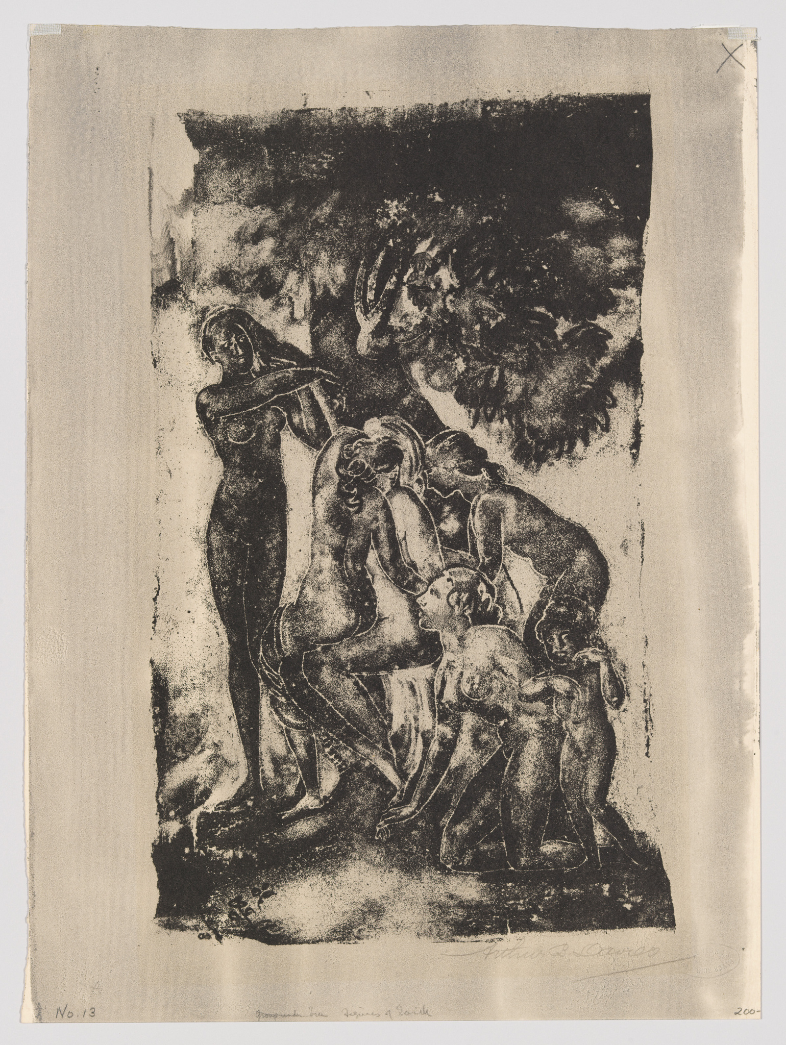 This is an etching or print depicting a group of nude figures, both male and female, in various poses with a dark, textured background suggesting a forest or grotto. One figure stands prominently to the left with an arm extended, while others appear to be interacting or in motion. The artwork has a rough, expressive quality, with strong contrasts between light and dark areas. There are handwritten inscriptions at the bottom, including a signature, edition number, and possibly the title of the work. The paper shows signs of age or handling with marked corners.