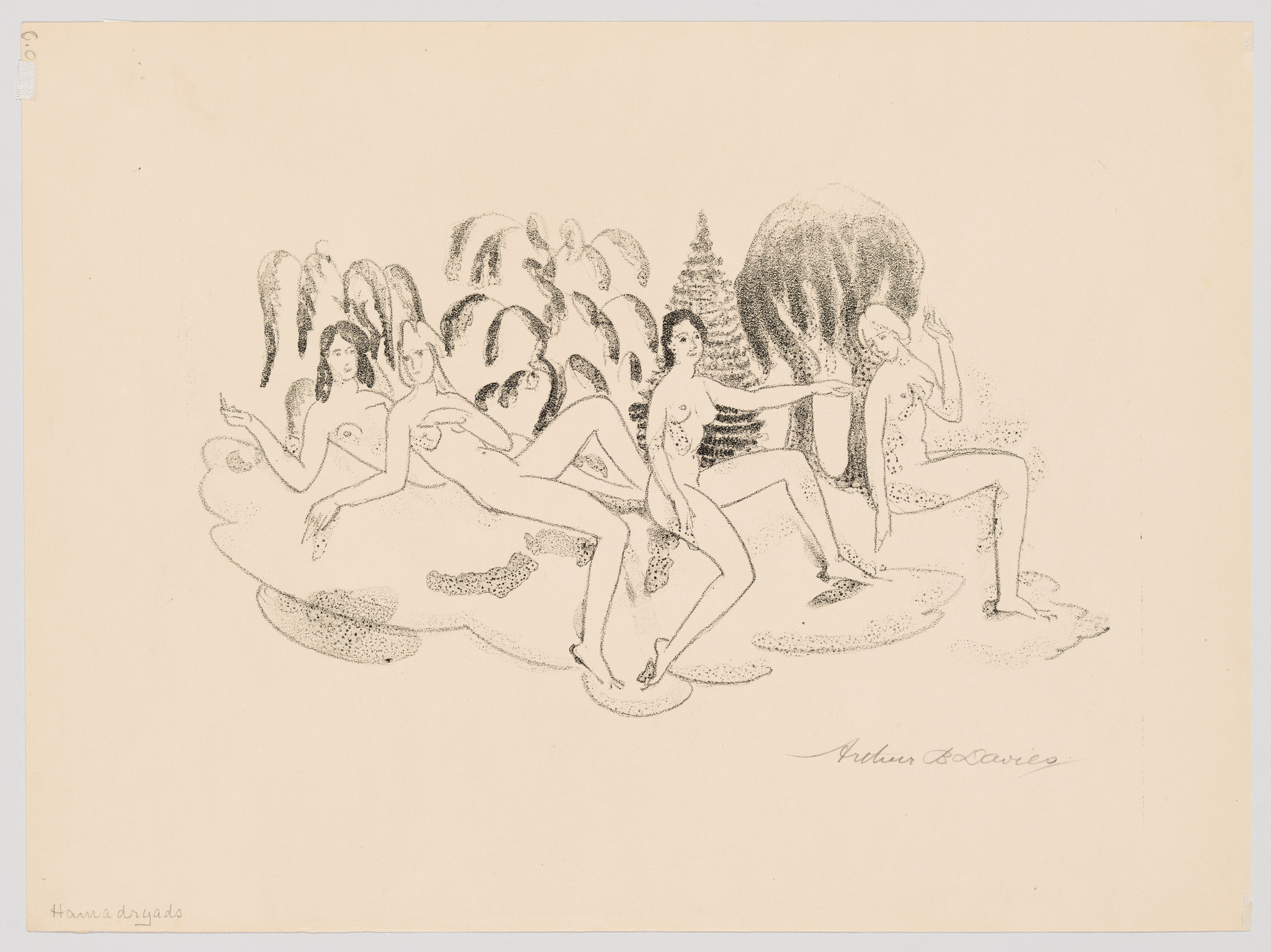 Sketch of multiple female figures in various poses with a stylized, abstract background. Some figures appear seated while others stand or move dynamically. The drawing is done in a light, dotted style, and the artist's signature is visible at the bottom right.