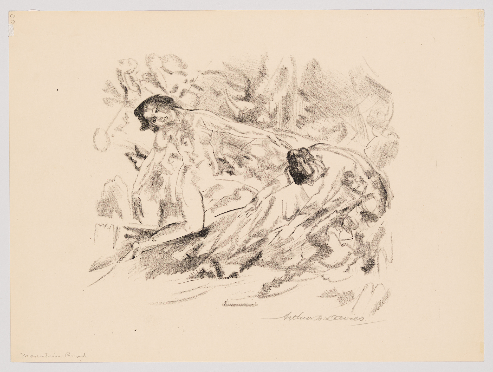 A sketch on paper depicting a dynamic scene with two figures, possibly in a struggle or an embrace, with loose, expressive lines suggesting movement and energy. The artist's signature, "Arthur B. Davies," is visible in the lower right corner, and the words "Mountain Brook" are handwritten at the bottom left. The background is roughly sketched, giving the impression of a tumultuous environment.