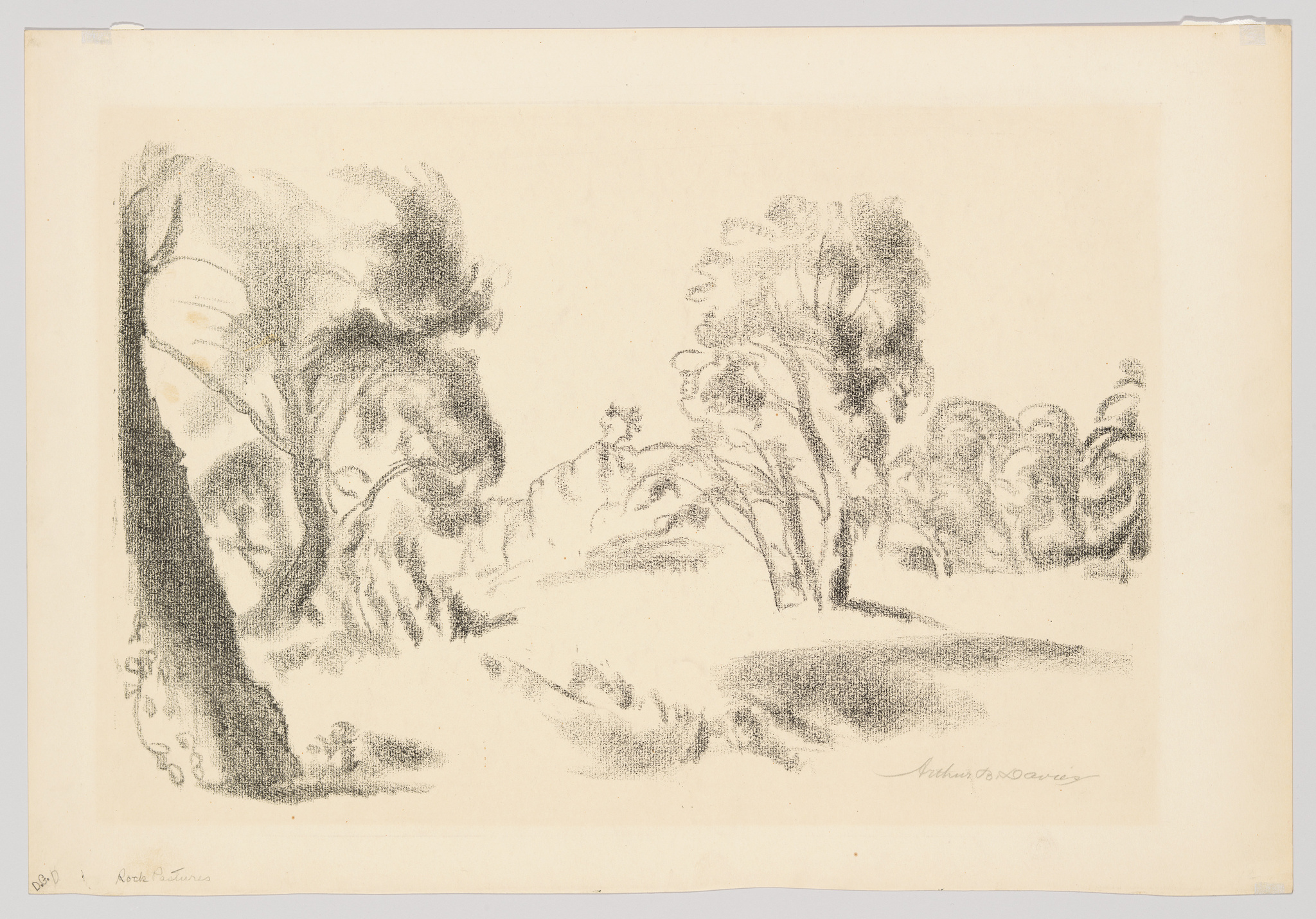 Pencil sketch of a serene landscape featuring various trees with soft, textured foliage. The drawing is executed with light and dark shading to create depth, and there's a signature at the bottom right corner. The paper appears aged, with slight discoloration around the edges.