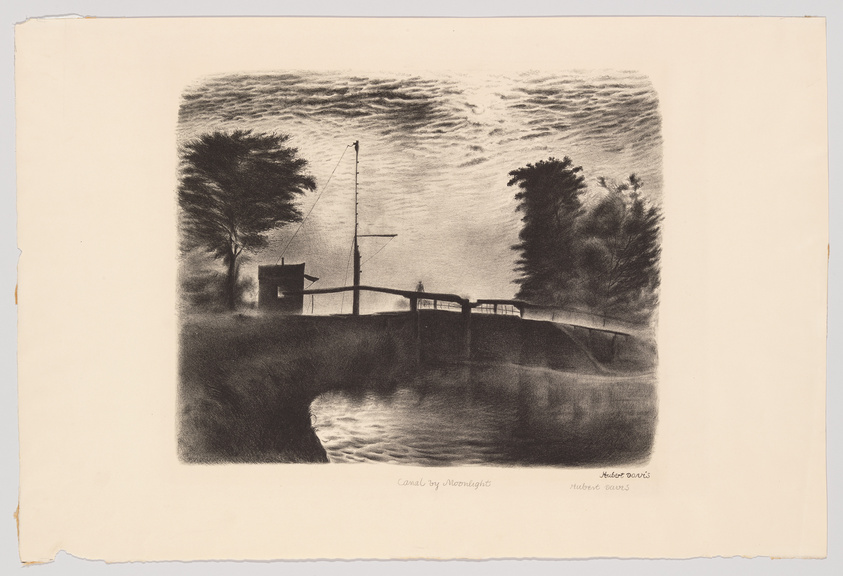 This is an image of an artwork titled "Canal by Moonlight" by Hubert Davis. The scene depicts a tranquil night setting with a canal in the foreground, surrounded by a dark landscape. A small structure with a pointed roof sits beside the canal, and a tall mast or pole with wires extends into the sky. Trees are silhouetted against the cloudy sky, which suggests the glow of the moon behind them. The reflection of the scene is visible in the water, creating a serene and somewhat mysterious atmosphere. The artist's name is inscribed at the bottom right of the image.