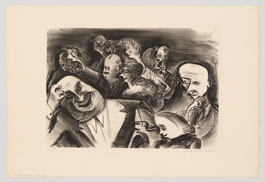 A black and white lithograph titled "At the Grand Guignol" by Adolf Dehn, depicting a chaotic scene with exaggerated caricatured figures showing a range of emotions from laughter to horror. The artwork captures the dramatic and intense atmosphere of the Grand Guignol theatre, known for its graphic and shocking plays.