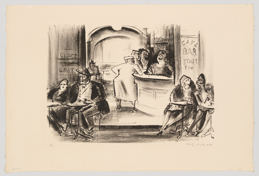 A sketch of a bustling café scene with patrons seated at tables, a waiter in the center, and a bar in the background. The artwork captures a lively atmosphere with a variety of characters, including a couple in the foreground and two women engaged in conversation to the right. The drawing features expressive lines and shading, conveying movement and a casual social setting.