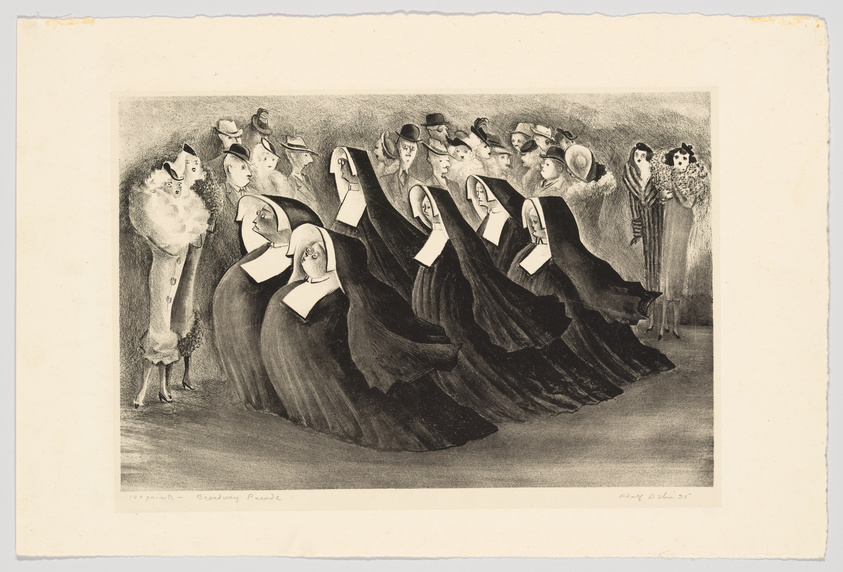 A vintage black and white illustration depicting a group of nuns in traditional habits, with exaggeratedly long and flowing robes, marching in a parade. In the background, a crowd of people with various headwear watches on, and to the right, a couple of figures stand apart from the group, one adorned with flowers and the other in stripes. The image has a caption at the bottom left that reads "100 prints - Broadway Parade" and is signed at the bottom right with the date '35.